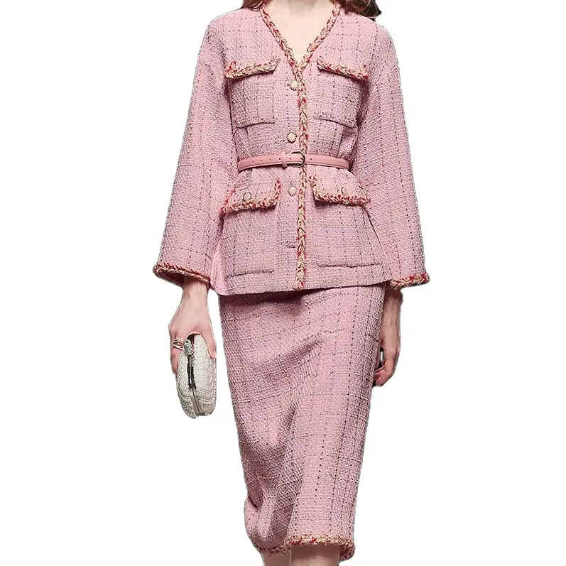 OEM ODM пользовательские повседневные розовые твидовые платья на пуговицах, женские клетчатые платья