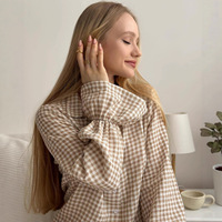 Conjunto de Pijama a Cuadros con Ribete de Encaje para Mujer, Ropa de Dormir Suave de Algodón, Ropa de Estar Cómoda para Otoño e Invierno, Pijama Informal para el Hogar, Conjunto de Pijama 100% Algodón