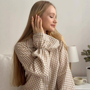 Set <span class=keywords><strong>Pigiama</strong></span> a Quadri con Bordo in Pizzo per Donna, Morbido <span class=keywords><strong>Cotone</strong></span>, Comodo per Autunno e Inverno, Casual per Casa, 100% <span class=keywords><strong>Cotone</strong></span> - Product Image 3