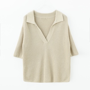 Maglia da donna all'ingrosso con scollo a V manica corta estiva Casual maglieria in misto <span class=keywords><strong>cotone</strong></span> leggera di base maglione da donna - Product Image 1