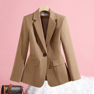 Women's Khaki Blazer Fitted Waist Single Button Solid Color Polyester Anti-Wrinkle Workwear - Product Image 1