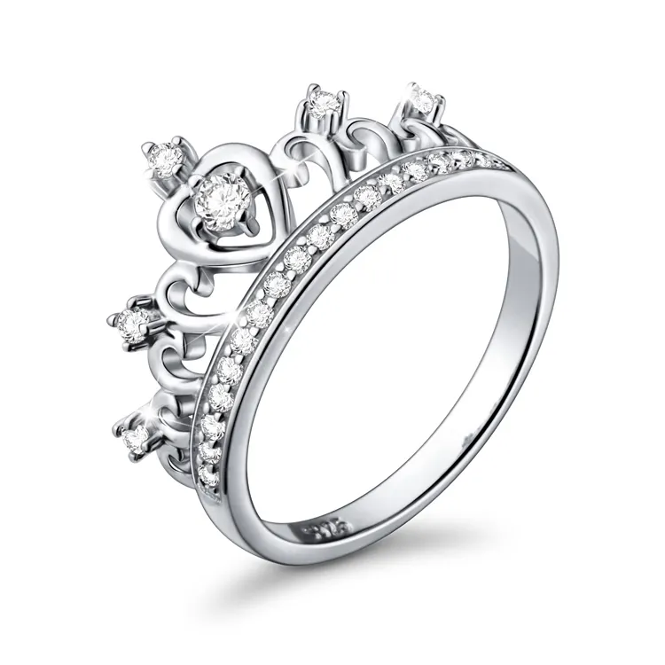 Stile coreano di Lusso 925 Sterling Silver Cuore Principessa Tiara Crown CZ Anello di pietra