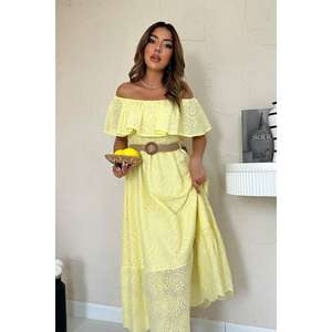 Vestido amarillo con hombros descubiertos, bordado, cintura elástica, línea A, informal, tejido, transpirable, para uso diario - Product Image 2