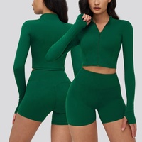 YNSEA Ensemble de sport pour femme à manches longues, veste perforée, short, leggings, fermeture éclair, sans couture, pour fitness, yoga et gym