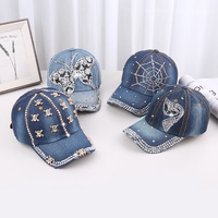 Casquette de baseball 6 panneaux en denim délavé effet diamant, unisexe, personnalisable pour fêtes
