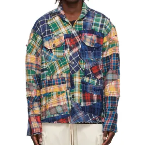 Fashion Men Shawl Collar Raw Edge Patch Pockets Coat Multicolor Plaid Patchwork Design Twill Jacket