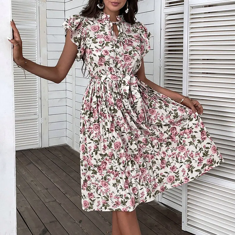 Flare Sleeve Dress Women Summer Dresses 2023 Floral Pleated Dress With Belt