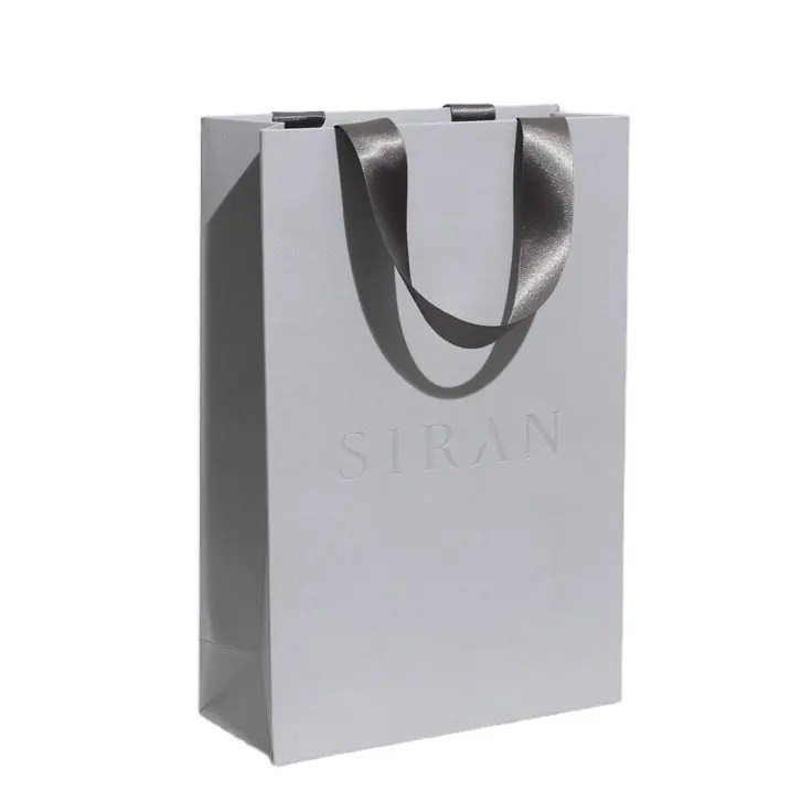 Bolsa de compras de papel cinza personalizada, luxuosa, de papel cinza com alça fita para cuidados com a pele