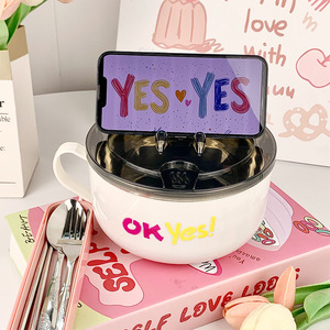 Tazón para fideos Ok Yes con tapa y juego de cubiertos para estudiantes y uso en dormitorios, tazón redondo de acero inoxidable de grado alimenticio - Product Image 1