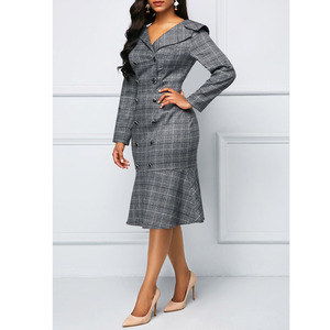 Vestidos Gingham de manga larga para mujer, ropa informal con cuello en V para oficina y otoño - Product Image 2