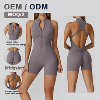 Combinaison pour femme OEM, toucher nuage, 78% Nylon, demi-zip, dos nu, froncée, style short cycliste, body de yoga, tenue de sport