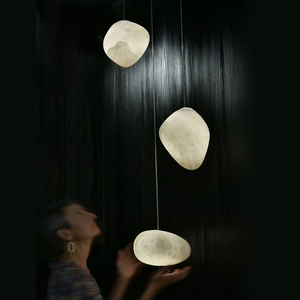Suspension LED en pierre d'albâtre, style Wabi Sabi nordique, pour villa, escalier, salon, lampe d'ambiance artistique design en forme de galet irrégulier, décoration - Product Image 3