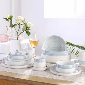 Vajilla de porcelana de estilo Simple para acampar, juegos de platos de cerámica, línea azul