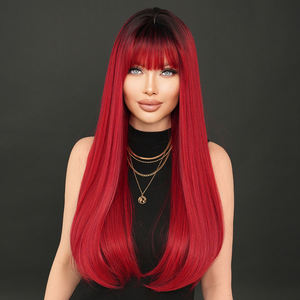 长直深红色假发，带刘海28in红色假发，带黑色根天然耐热纤维合成红色分层假发 - Product Image 2
