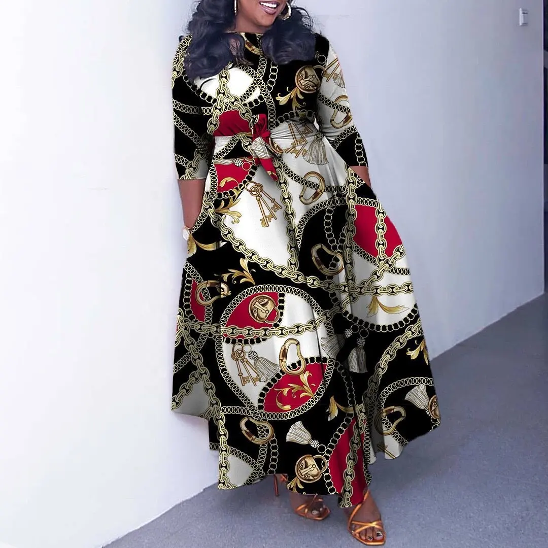 नवीनतम शैली की अफ़्रीकी मुद्रित पोशाक महिलाओं की क्रू नेक आस्तीन वाली अफ़्रीकी कैज़ुअल पोशाक अफ़्रीकी ए-लाइन पोशाक