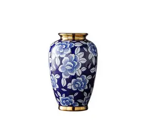 Nuovo stile cinese placcatura oro rifinitura ceramica moderna decorazione per la casa moderna blu e bianco vaso di porcellana