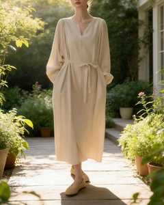 Women's Linen Cotton <b>Maxi</b> <b>Dress</b> Short Sleeve V Neck Regular Fit Minimalist Casual A-Line Silhouette Belt Eco-Friendly Wholesale - Product Image 2