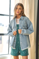 Kustom Label pribadi jaket jins biru jaket Denim Rivet wanita dengan rumbai tepi