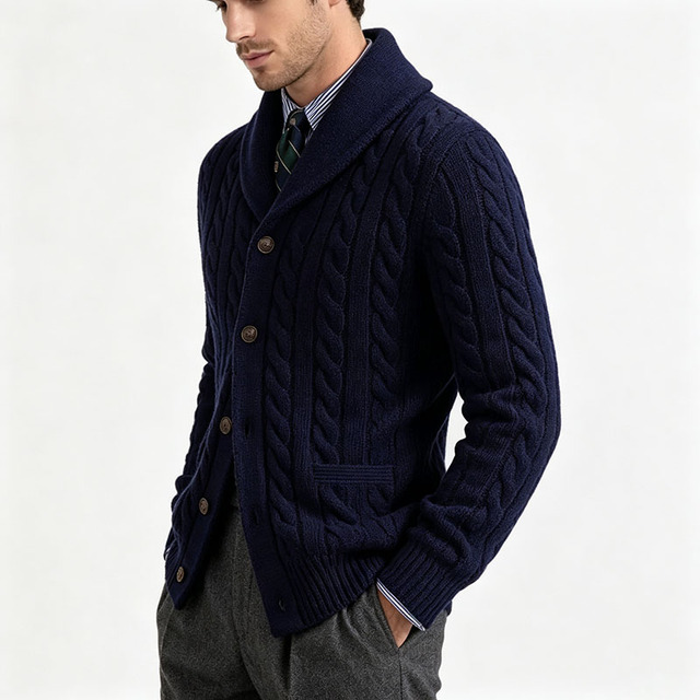 Knitwear Factory Custom Made Cashmere Wool Cotton Cable Knit Men Shawl Collar Cardigan Sweater for Men