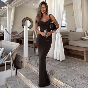 เดรสหางปลาเข้ารูปเปิดหลังแขนกุดคอทรงสี่เหลี่ยมเดรสยาวคลุมพื้นสีทึบสำหรับปาร์ตี้วันหยุดหรูหรา - Product Image 4