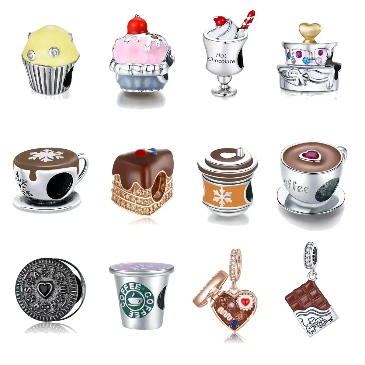 925 sterling silver coffee cup charms biscuit cookies cake chocolate charms dessert heart pendant charms