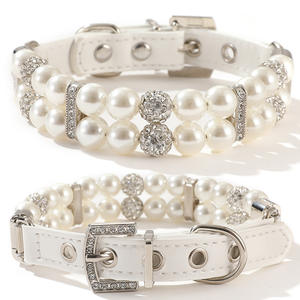 도매 작은 개 고양이 진주 목걸이 진주 목걸이 세트 귀여운 패션 애완 동물 Pu 가죽 목걸이 목걸이 크리스탈 라인 석 - Product Image 1