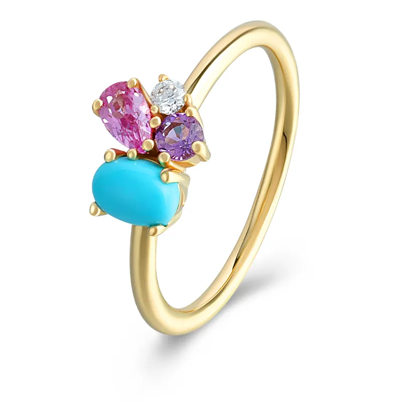 925 Sterling Silver 14K Gold Plated Rainbow Multi-Color Gems Created Pink Sapphire Stone Flower Butterfly Light Amethyst Ring