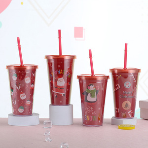 Christmas Themed Double Wall Plastic Straw Cup With Lid And Straw 500Ml For Holiday Gift - Product Image 1