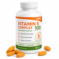 Temiz Etiketli Vegan Vitamin B Kompleksi Sürekli Salınımlı Tabletler Glutensiz GDO'suz Soya İçermez Özel Etiketli Takviye
