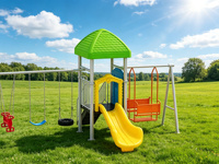 Équipement de jeu d'extérieur pour enfants : toboggan et balançoire double, structure en acier avec siège en plastique