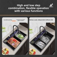 Évier de cuisine moderne fait main, cascade de pluie volante, revêtement nano, acier inoxydable 304, évier simple, multifonctionnel, noir, intelligent