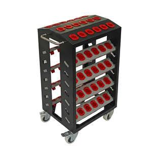 Chariot à outils industriel pour machines VMC/CNC |   Chariot porte-outils en acier inoxydable rouge avec roues en nylon, conception double face - Product Image 1
