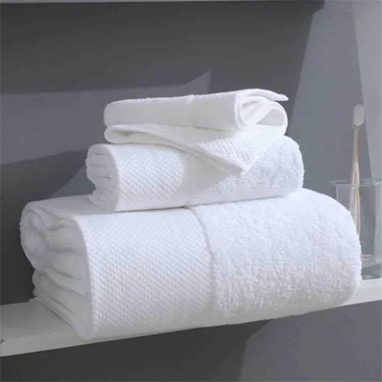 ผ้าเช็ดตัวโรงแรมผ้าฝ้ายโพลีเอสเตอร์ Serviete De Bain De Marque Dobby ผ้าขนหนูอาบน้ำ25x54