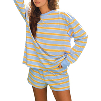 Ensemble deux pièces rayé personnalisé avec logo pour femme : T-shirt ample à col rond et manches longues et pantalon – Tenue décontractée