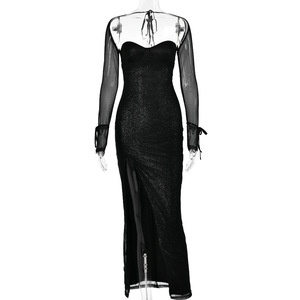 Strapless Long Sleeve Backless Slit Evening Dress For Women <b>Full</b> <b>Length</b> Sheer Layer Elegant Sexy Formal Party Wear - Product Image 5