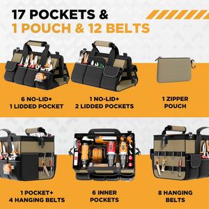 Tool Bag 15.5 Inch with 1 Pouch 17-Pocket Portable Tool Box Organizer Storage with Adjustable Strap Heavy Duty Tool Bags for Men - Product Image 2