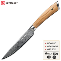 Couteau utilitaire en acier Damas de 5 pouces, ultra-affûté, couteau à éplucher multi-usages avec manche en bois d'olivier, couteau de cuisine professionnel
