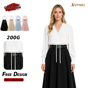Ensemble de travail deux pièces A&J GRS pour femme : Blouse à col noué 200G et jupe longue plissée taille haute avec ceinture – Fabricant OEM ODM - Product Image 1