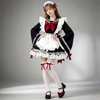 Conjunto de Vestido Lolita con Cuello Marinero para Mujer, Manga Larga, Volantes, Encaje, Delantal, Lazo Rojo y Negro, Estilo Kawaii, Mini Vestido de Fiesta
