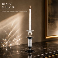 Porte-bougie en cristal avec coupelle en forme de pétale, colonne en verre argenté, col en boule de verre, base ronde noire, bougeoir moderne pour la décoration de la maison et de la table