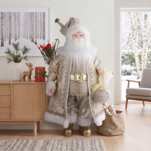 Pale Gold Silk Jacquard 36in Life Size Santa Figure Bauble Bell Hat for Neutral Wedding Decor - Product Image 1
