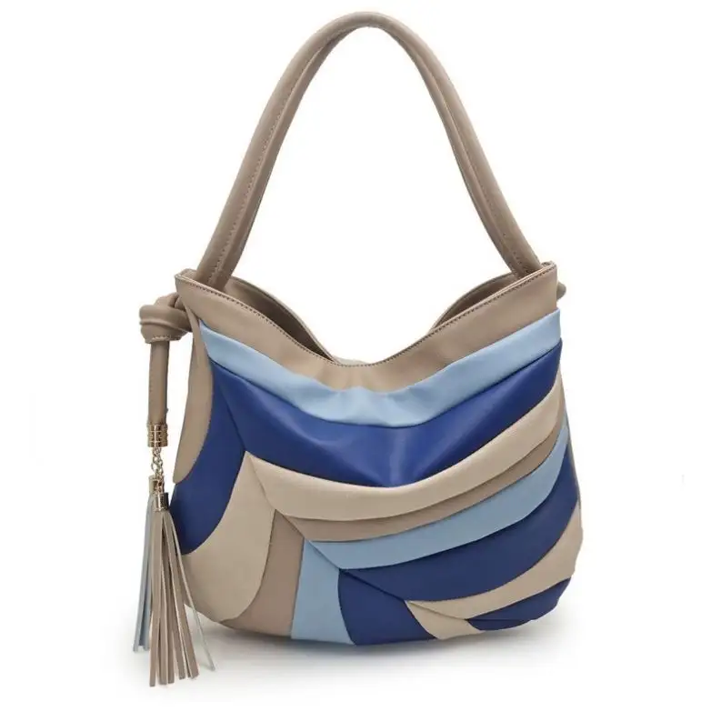 Trend Women's Handbag Blue European and American Tassel Stitching Contrast Color New Bag Armpit Shoulder Bag