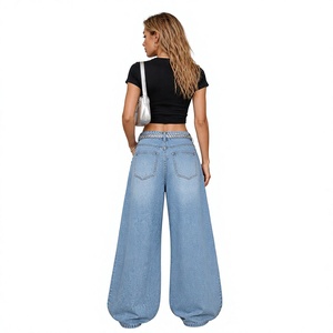 Wholesale Price High Waist <b>Tummy</b> <b>Control</b> Wide Leg <b>Jeans</b> Casual Loose Draped Denim Pants Fashion Street Trousers for Women - Product Image 2