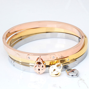 Fine Charm Bracelet 5Mm Diamond Heart Lock <b>Bangle</b> Women's Gift Jewelry Steel <b>Gold</b> <b>Rose</b> <b>Gold</b> - Product Image 3