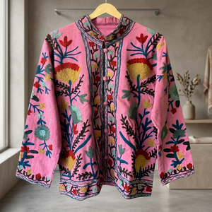 Manteau en coton pour femme grande taille, style bohème, broderie florale à la main, col mandarin, manches longues, vêtement d'extérieur décontracté pour le printemps - Product Image 4