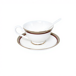 Elegante Juego de Taza y Platillo de Porcelana China con Borde Dorado Rojo, Cuchara Incluida, Ecológico, 200 ml, Estilo Europeo Moderno y Lujoso para Hotel - Product Image 1