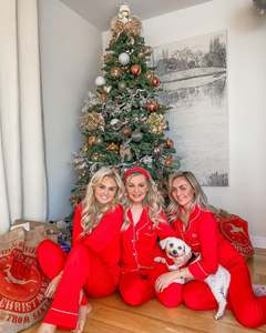 Piyama wanita warna polos mewah baru piyama piyama piyama katun Satin Pjs setelan keluarga untuk Natal - Product Image 4