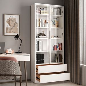 <b>Solid</b> <b>Wood</b> <b>Bookcase</b> Walnut Color Glass Door Display Cabinet Storage Unit For Home Office - Product Image 4