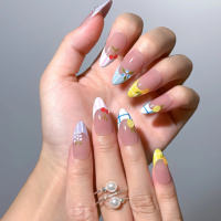 Ongles en acrylique à presser, forme amande, motif 3D cerise, raisin, citron, peinture à la main, carreaux colorés, longueur moyenne, personnalisables, vente en gros pour SPA