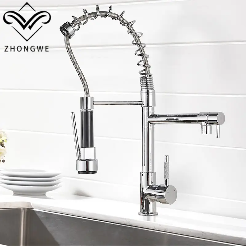 ZW Brass Dual Handles Kitchen Sink Faucets Two Ways Filter Taps Pull Out Kitchen Faucets
